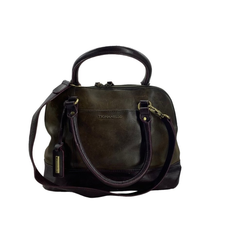 Tignanello Leather Hobo Shoulder Bag Purse Two Tone Brown 9"x12"x5" Stud Feet